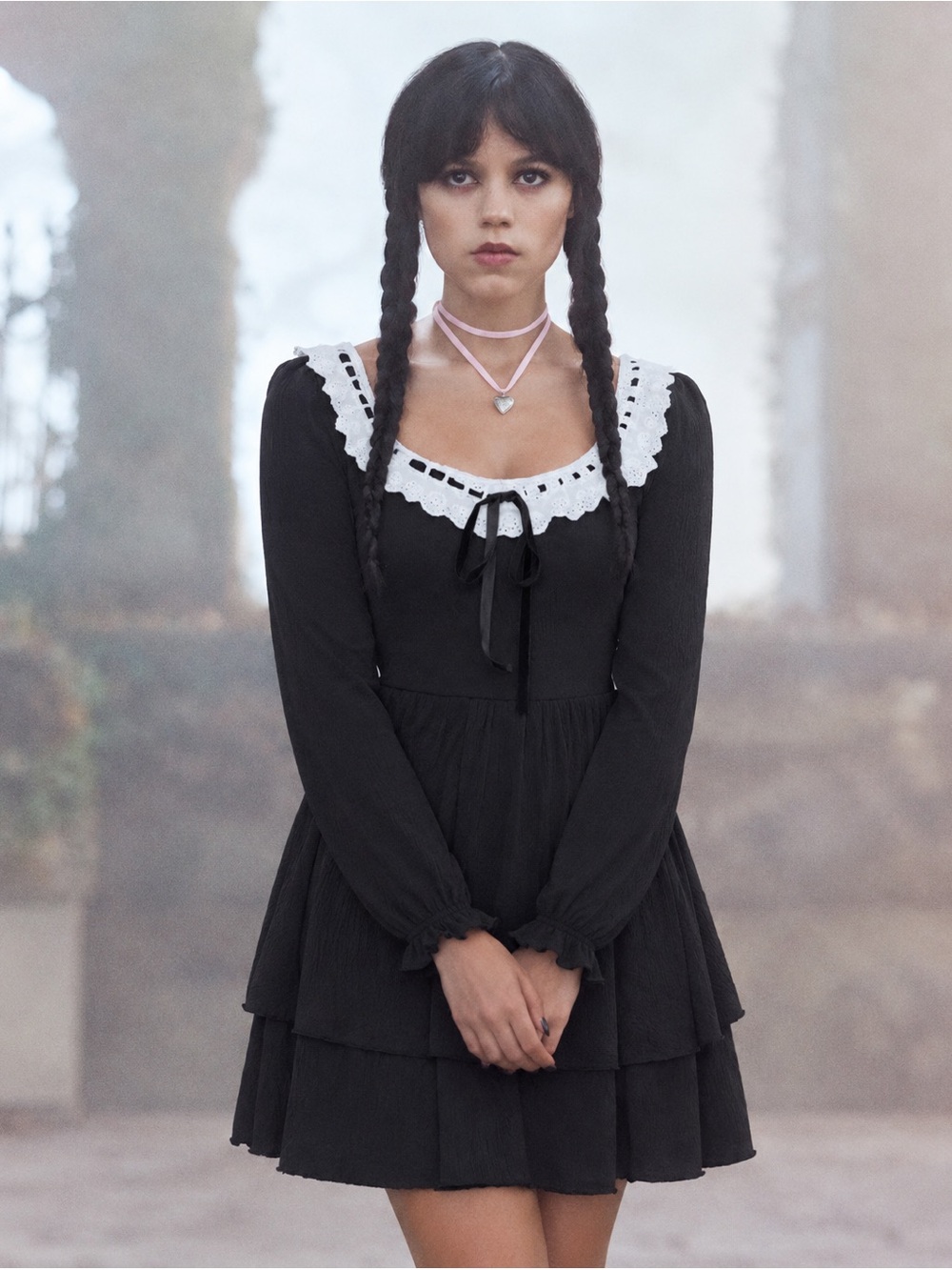 Cider Black Long-Sleeve Tiered Dress with White Lace Collar Halloween Wednesday